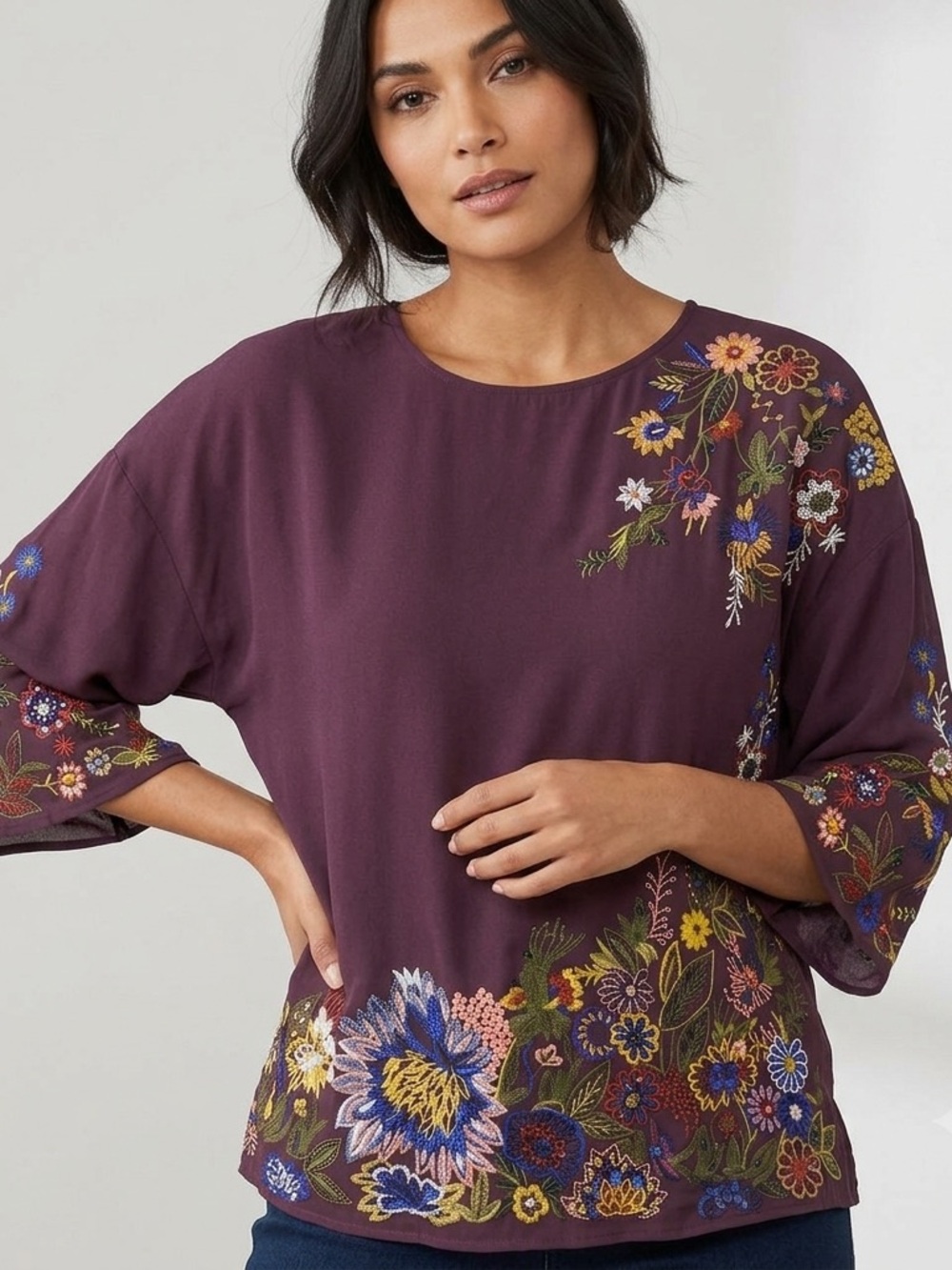 Soft Surroundings Moonbeam Top Embroidered Floral Boho Romantic Cottagecore Sz S